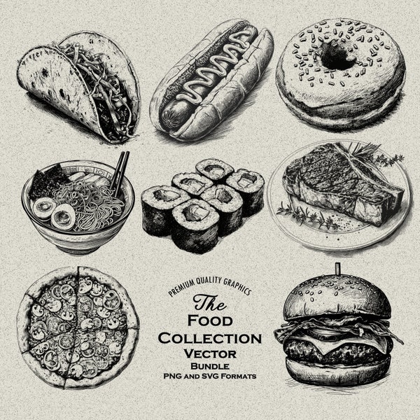 85 Food Designs Bundle PNG & SVG For Laser Engraving or Print, Pizza, Sushi, Ramen, Junk Food, Burger, Taco, Hotdog, Vegetable, Donut, Fruit