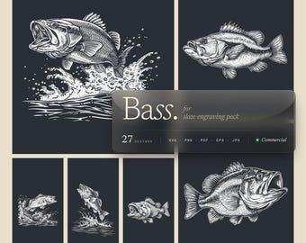Diseños de pez lubina para pizarra u materiales oscuros Paquete PNG y SVG Descarga digital para grabado láser o impresión Boca grande, Pesca, Vector