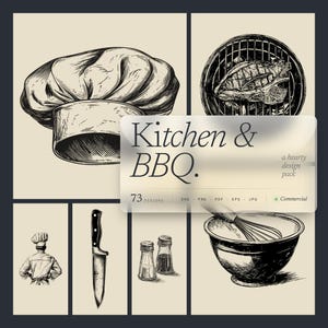 May include: A collection of black and white illustrations with a kitchen and BBQ theme. Includes a chef's hat, a grill with meat, a chef, a knife, salt and pepper shakers, and a mixing bowl with a whisk. Text: Kitchen & BBQ.