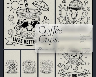 Paquete de 30 diseños SVG de tazas de café, divertidos juegos de palabras con personajes de dibujos animados para Cricut y sublimación.
