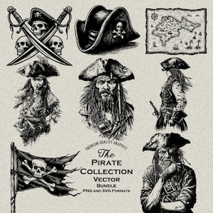 Lot de 46 motifs pirates PNG et SVG pour gravure ou impression laser, découpe, tête de mort, os croisés, trésor, drapeau, capitaine, femme pirate, carte, butin