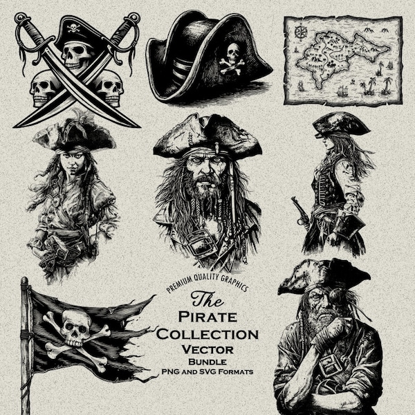 46 Pirate Designs Bundle PNG and SVG For Laser Engraving or Print, Cut, Skull, Crossbones, Treasure, Flag, Captain, Woman Pirate, Map, Booty