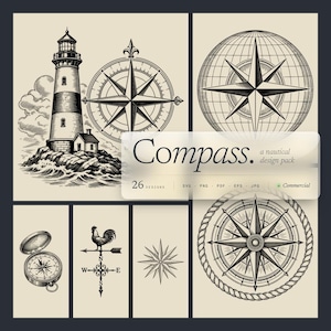 Può includere: Un pacchetto di design digitale intitolato Compass con illustrazioni nautiche tra cui un faro su una costa rocciosa, varie rose dei venti, un globo con una stella, una bussola tascabile e una banderuola a forma di gallo, in stile inchiostro nero.