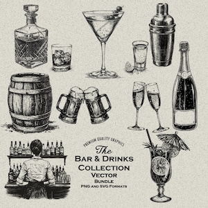Pacchetto di 70 disegni per bar e bevande PNG e SVG per incisione laser o stampa, birra, vino, cocktail, whisky, barile, Martini, champagne, tequila shot