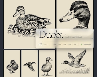 Duck Designs Bundle PNG & SVG Digital For Laser Engraving or Print, Hunting, Mallard, Duckling Swimming Duck, Nesting Duck, Flying Duck