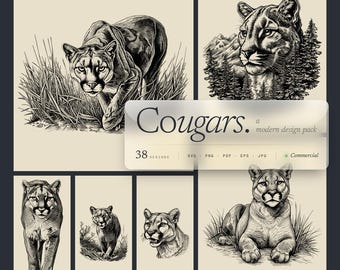 May include: A collection of black and white cougar illustrations. The images depict cougars in various poses, including walking, resting, and with mountain and forest backgrounds. The text "Cougars. a modern design pack" is displayed.