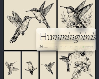 May include: A collection of black and white hummingbird illustrations. The images feature hummingbirds in various poses, some with flowers. The text "Hummingbirds" is displayed with "36 designs" and file type options.