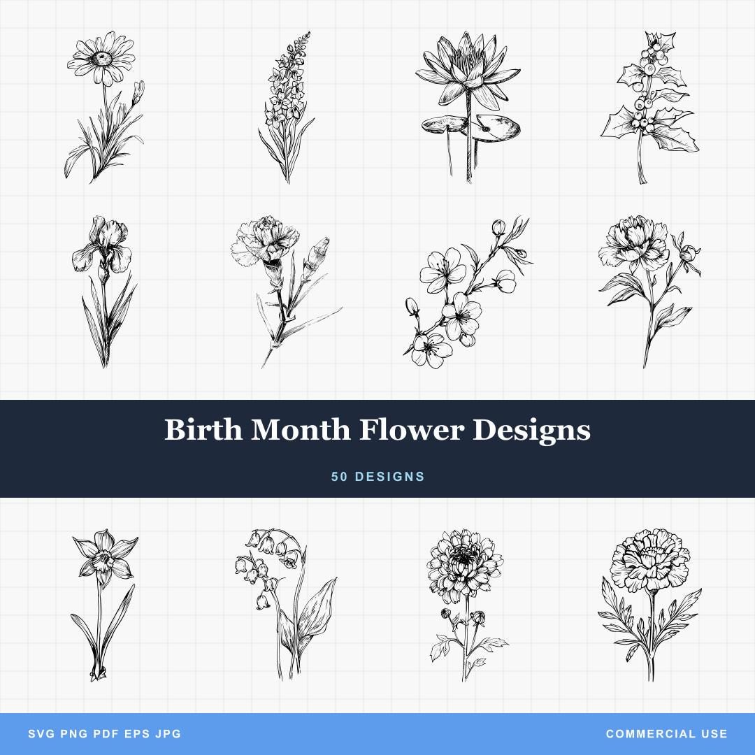 Birth Month Flowers Bundle PNG & SVG for Laser Engraving or Print, Fine ...