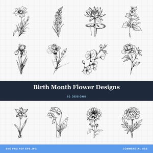 Birth Month Flowers Bundle PNG & SVG For Laser Engraving or Print, Fine Line Flower stencil, Procreate Brush, Floral Tattoo, Birth Flower