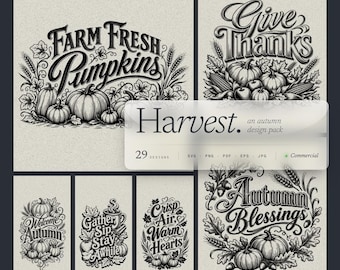 Paquete de 29 archivos SVG para tablas de cortar de otoño, frases de cosecha y diseños de calabazas para láser