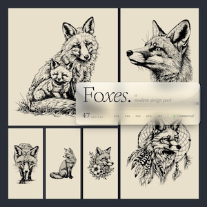 May include: A collection of black and white fox illustrations. The images include detailed drawings of foxes in various poses, including a mother and cub, and a fox with a dreamcatcher. The text reads "Foxes. a modern design pack".