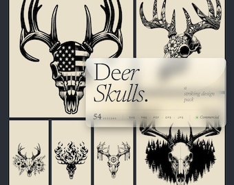 Paquete de diseños de calaveras de ciervo en SVG y PNG para grabado láser o impresión. Diseños del Oeste, nativos, caza, bandera estadounidense, flores, lejano oeste, bosque, naturaleza.