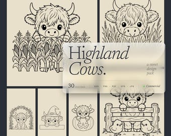 Paquete de 30 diseños SVG de vacas de las Tierras Altas asomándose, lindos diseños de terneros para láser y Cricut.