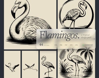 Flamingo Designs SVG & PNG Bundle Lasergravyr eller Print. Tropisk, Sommar, Fågel SVG
