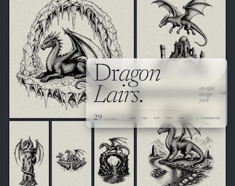 Paquete de 30 diseños SVG de dragones, que escupen fuego y son guardianes del tesoro para láser y Cricut.