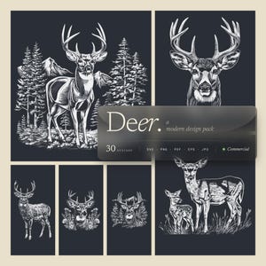 Puede incluir: Una colección de ilustraciones de ciervos en blanco y negro. Los diseños incluyen dibujos detallados de ciervos con grandes cornamentas, algunos con fondos de bosques y montañas. También está presente el texto "Deer. a modern design pack".