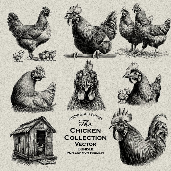 40 Chicken Designs Bundle PNG & SVG For Laser Engraving or Print, Chick, Chicken head, Baby Chick and Hen, Rooster, Nest, Coop, Farmhouse