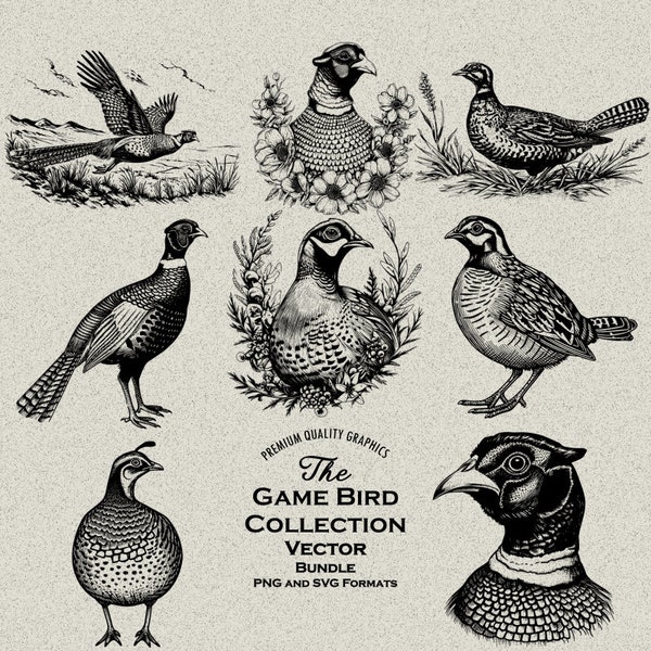 44 Game Bird Designs Bundle PNG & SVG For Laser Engraving or Print on demand, Pheasant, Quail, Grouse, Partridge, Bird hunting, Hen, Prairie