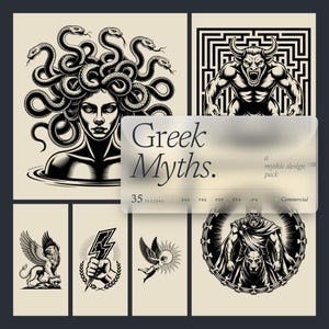 Op de afbeelding: Een verzameling zwart-wit illustraties met figuren uit de Griekse mythologie. Bevat Medusa, een Minotaurus, een griffioen, een hand die een bliksem vasthoudt, een engel en een krijger. De tekst "Greek Myths" wordt weergegeven op een transparante overlay.