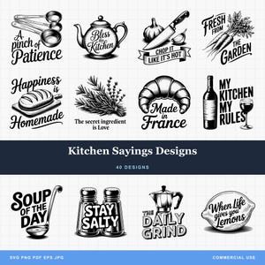 Paquete SVG de cocina divertido para grabado o impresión láser. Ideal para cocina, repostería, chef, decoración rústica, regalo gastronómico y uso comercial.