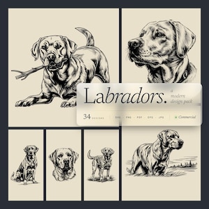 May include: A collection of six black and white Labrador Retriever illustrations. The images showcase various poses, including a dog with a stick, a headshot, and dogs in outdoor settings. The text reads "Labradors. a modern design pack" with file type details.