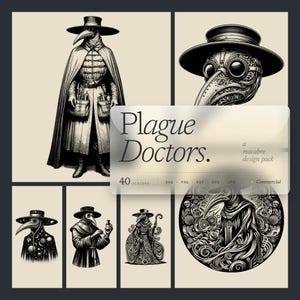 May include: A series of monochrome illustrations depicting plague doctors. The images show full figures, mask close-ups, and decorative designs. The text "Plague Doctors" is overlaid on a transparent panel, with "40 designs" and file type icons also visible.