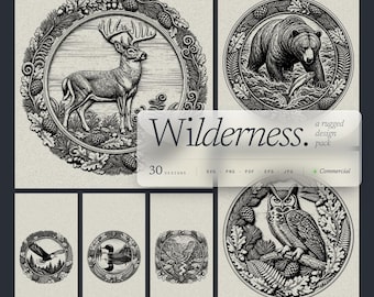 Paquete de 30 medallones SVG de Wilderness Relief, diseños de Grizzly Elk Moose para láser