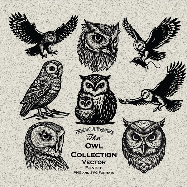 55 Owl Designs Bundle SVG-PNG Designs for Laser Engraving and Print: Flying Owl, Owl Head, Owl Perched, Barn Owl, Great Horned, Barred