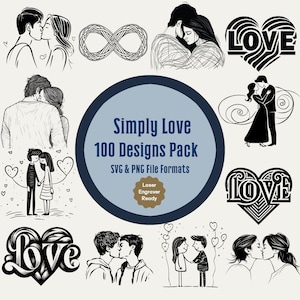 100 Love Design Bundle SVG - Archivos PNG para grabar o imprimir, Parejas lindas, Amor infinito, Besos, Arte de línea simple, Día de San Valentín, LGBTQ