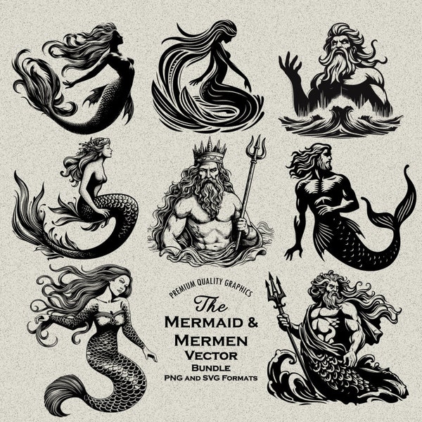 46 Mermaid, Mermen & King Neptune SVG PNG Design Bundle for Engraving, Cutting or Printing: Silhouette, Trident, Ocean, Seas, Poseidon