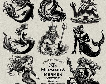May include: A collection of black and white vector illustrations featuring mermaids and mermen. The designs include various poses of mermaids with flowing hair and fishtails, and mermen with tridents and crowns. The text reads "The Mermaid & Mermen Vector Bundle".