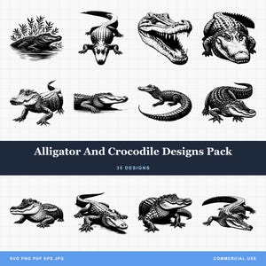 Alligator & Crocodile Bundle SVG-PNG Designs for Laser Engraving and Print-on-Demand Gator laying Croc nesting American Alligator tattoo