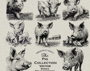 42 Pig Designs Bundle PNG & SVG For Laser Engraving or Print, Piglet, Pig head, Baby Pig and Mother, Pig on Farm, Sow, Pig Pack, Farmhouse