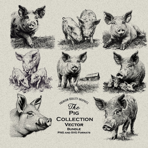 42 Pig Designs Bundle PNG & SVG For Laser Engraving or Print, Piglet, Pig head, Baby Pig and Mother, Pig on Farm, Sow, Pig Pack, Farmhouse