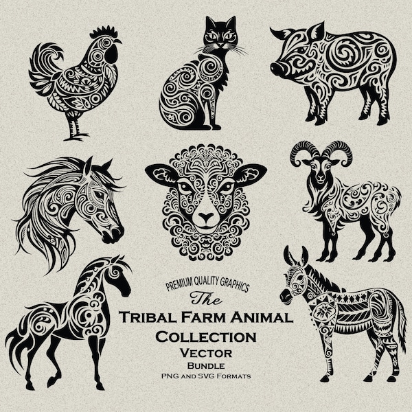 25 Tribal Farm Animals Bundle Laser Engraver and Print Ready Designs, Māori Chicken, Horse, Ram, Sheep, Pig, Cat, Donkey, Rooster, Farmhouse