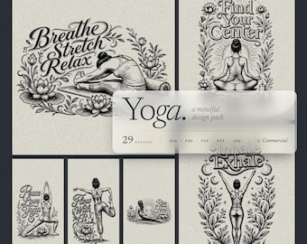 Paquete de 29 archivos SVG para estudio de yoga, con las posturas Namaste y Respiración, para grabado láser.