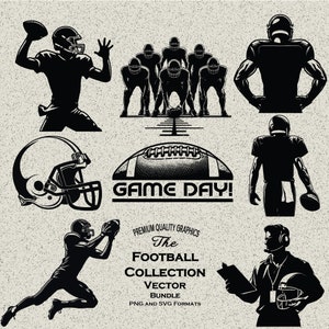 Ensemble de 89 graphismes de football SVG et PNG : casque, jour de match, pom-pom girl, groupe d'équipes, entraîneur, supporter, poteau de but, quart-arrière, receveur, course de plaquage
