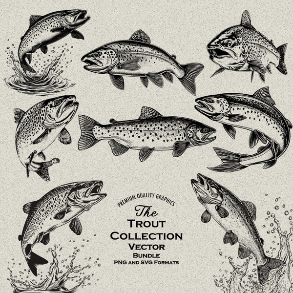 38 Trout Designs Bundle PNG & SVG Digital For Laser Engraving or Print, Fishing Svg, Rainbow Trout, Jumping Trout, Trout Vector, Trout Fish