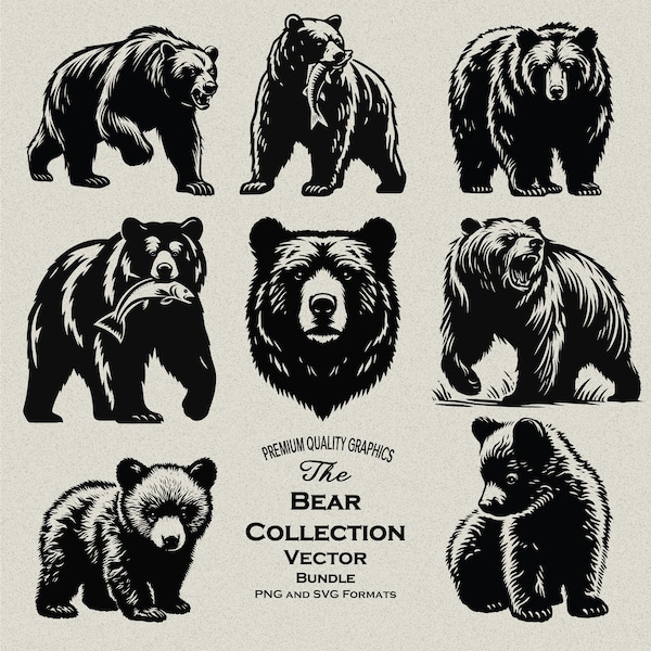 30 Bear and Cub SVG-PNG Bundle Low Detail Designs for Laser Engraving, Print-on-Demand Mamma Bear, Baby Bear, Papa Bear, Ferocious growl