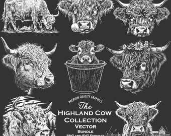 47 Highland cow for Slate Designs Bundle PNG & SVG Digital download For Laser Engraving or Print. Cow Coaster, Cow Calf Tile, Dark T-Shirt