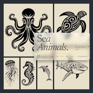 May include: A collection of black tribal design illustrations of sea animals, including an octopus, turtle, jellyfish, seahorse, dolphin, and shark. The text "Sea Animals" is displayed on a transparent overlay, along with file format information.