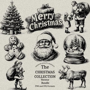 100 Christmas Designs Bundle PNG & SVG Digital für Lasergravur oder Druck, Weihnachtsmann, Elfe, Rentier, Schnee, Schneekugel, Lebkuchen, Baum, Hut