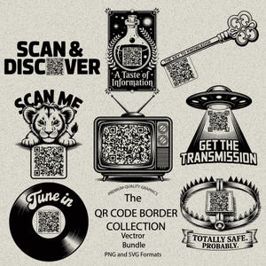 Könnte beinhalten: Eine Sammlung von schwarz-weißen Grafikdesigns mit QR-Codes. Designs umfassen ein Löwenjunges, einen Vintage-Fernseher, einen Schlüssel, ein UFO, eine Schallplatte und eine Bärenfalle. Text beinhaltet "Scan & Discover", "Scan Me" und "Get the Transmission".