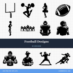 Football Graphics SVG and PNG Bundle: Helmet, Gameday, Cheerleader, Team Huddle, Coach, Fan, Goal Post, Quarterback, Receiver, Tackle Run