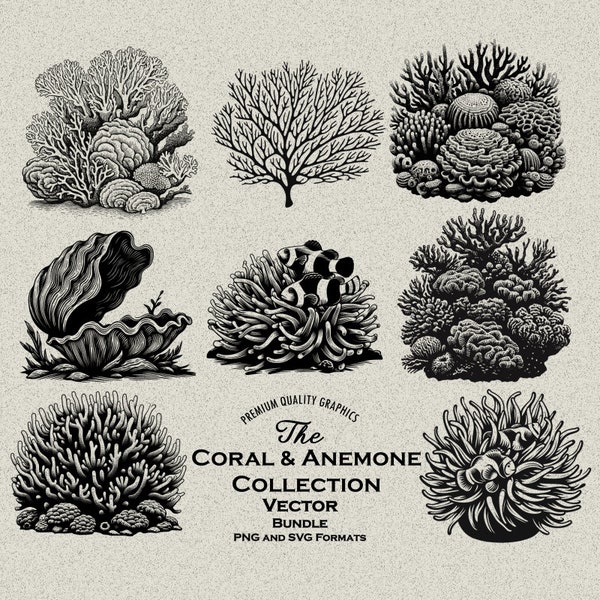 40 Coral, Anemone, and Clam Bundle SVG-PNG Detail Designs: Reef, Sea life, Clown Fish in host Anemone, Sea fan, Reef Tank, Aquarium Decor