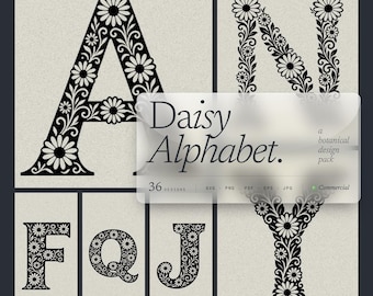 Paquete de 36 letras y números florales en formato SVG, con motivos de margaritas, ideales para monogramas y Cricut.