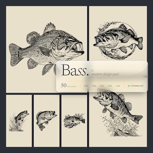 May include: A collection of black and white bass illustrations. The images include detailed drawings of bass fish in various poses, some with water splashes. The text "Bass. a modern design pack" is also included.