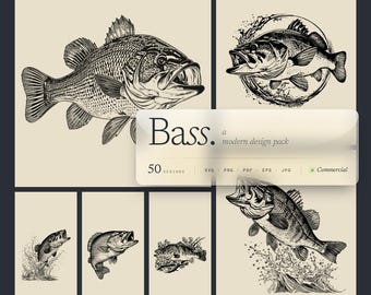 Bass Designs Bundle PNG & SVG Digital For Laser Engraving or Print, Fishing Svg, Large Mouth Bass, Jumping Bass, Bass Vector, Bass, Fish