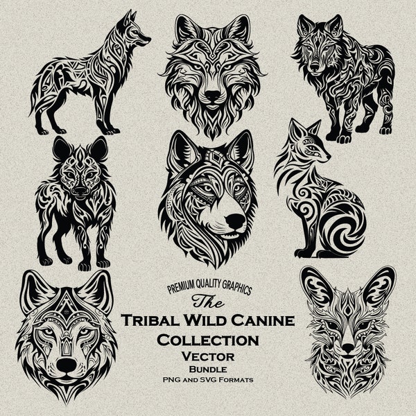 25 Tribal Wild Canine Design Bundle SVG & PNG Files, For Engraving, Cutting and Print Projects, Wolf Pack, Fox, Hyena, Māori, Dog, Coyote