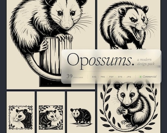 Opossum Designs SVG & PNG Bundle Laser Engraving or Print. Possum, Woodland, Forest Animal, Acorn, wildlife, Digital Download, possum